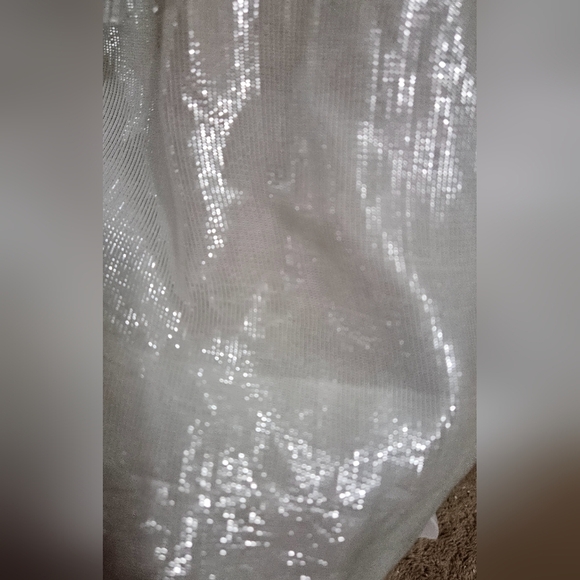 GRETCHEN SCOTT Breezy Blouson Dress- Glinda lurex -silver/white. Size Medium - Picture 16 of 16
